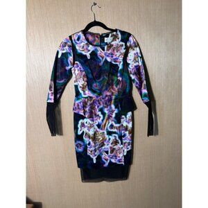 Milly Floral Print Peplum Dress Long Sleeve Sheer Mesh Size 6 Party Cocktail